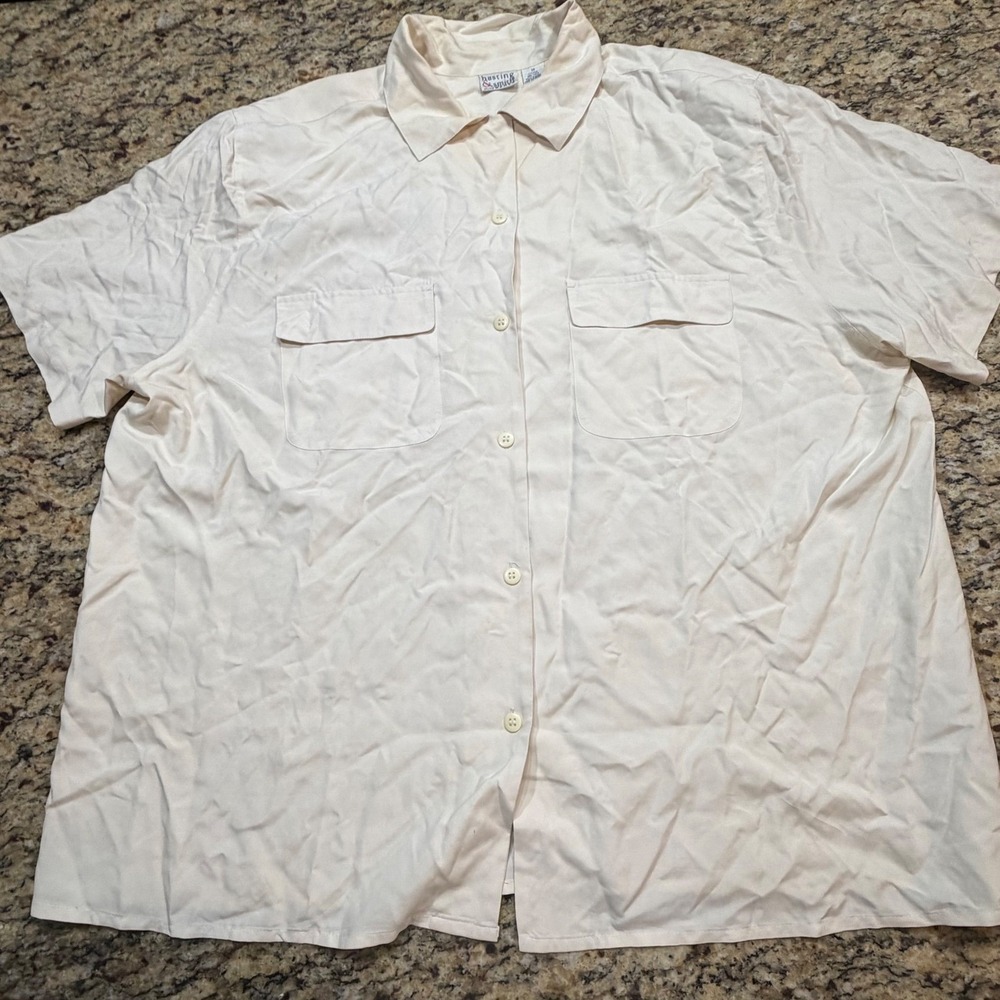 Hasting & Smith Women 3X Ivory 100% Silk Short Sleeve Button Down Shirt Pockets